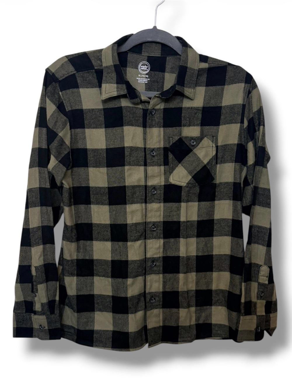 Kids Black and Army Green Buffalo Plaid Button-Up Shirt XL